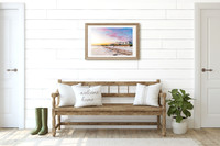 hallway wall art mockup - white shiplap cottage - coastal sunset - neutral blue beige yellow pallette