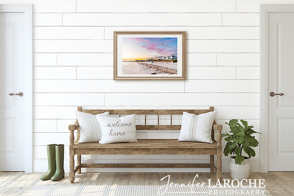hallway wall art mockup - white shiplap cottage - coastal sunset - neutral blue beige yellow pallette
