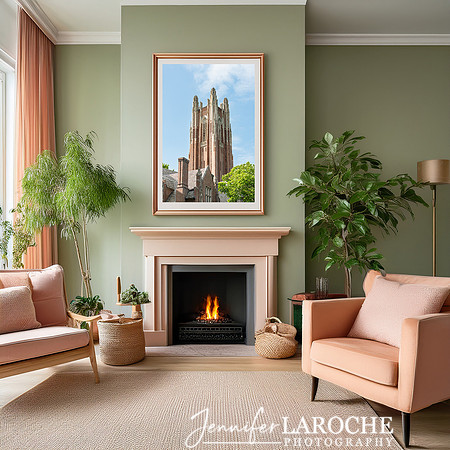 luxe-living-room-mockup---salmon-green-ivory-palette---Wellesley-College-architectural-print---New-England-traditonal-home-decor