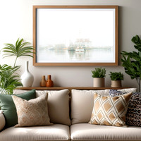 traditional living room wall art mockup - nautical - moody white neutrals - foggy Menemsha harbor