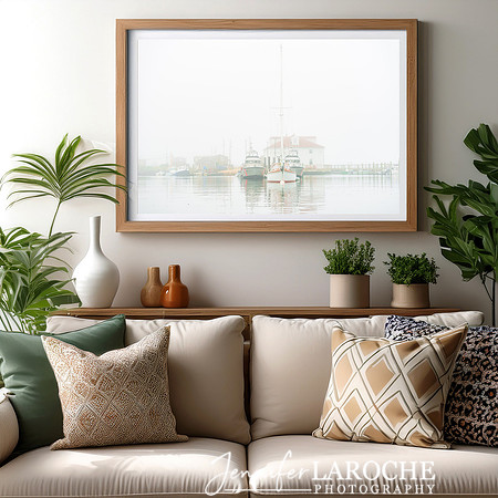traditional living room wall art mockup - nautical - moody white neutrals - foggy Menemsha harbor