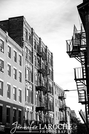 north end building and fire escapes in black and white